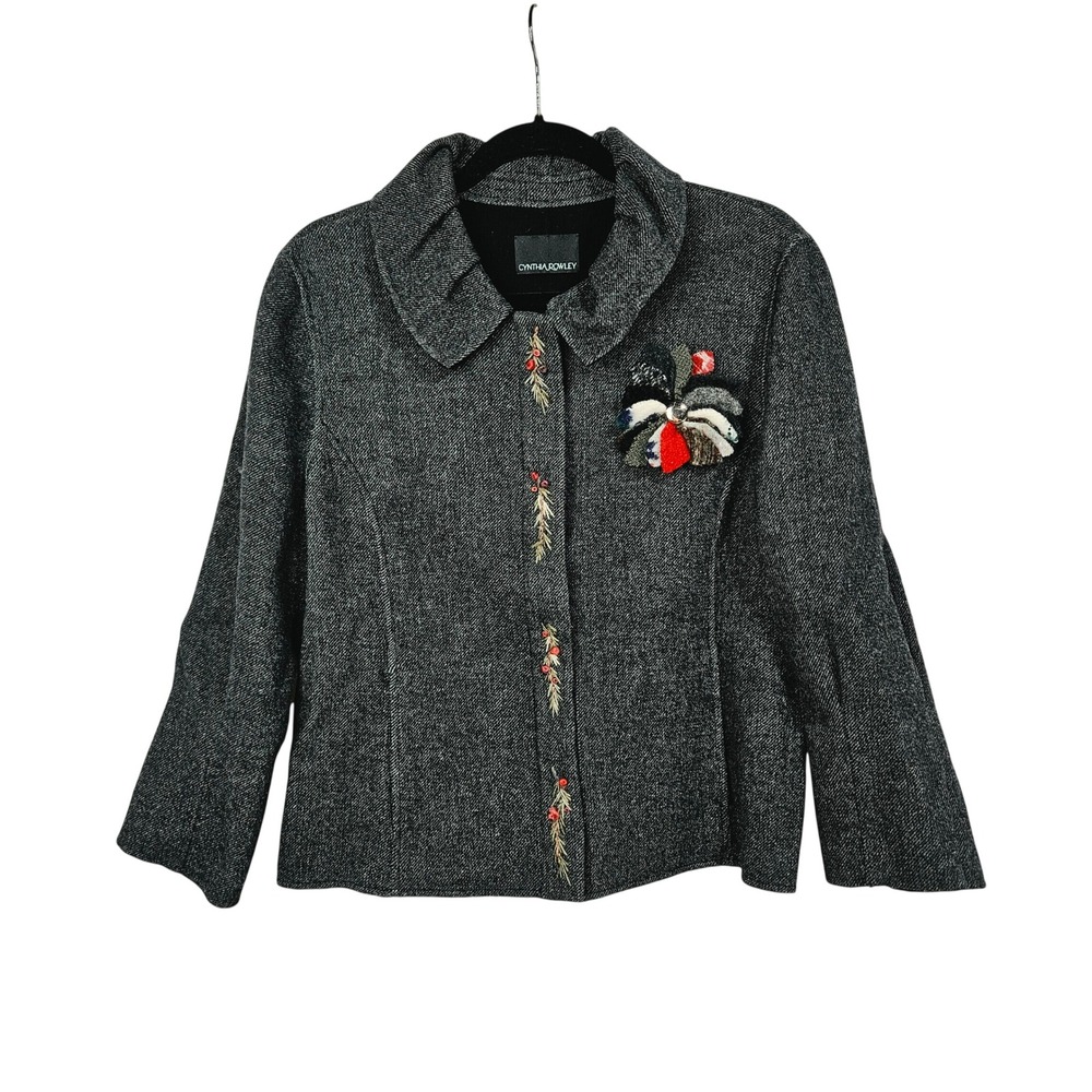 Cynthia Rowley Gray Embroidered Wool Blend Zip Jacket XL Dark Academia Artsy